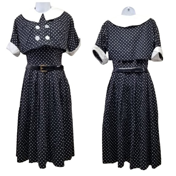 Vintage Dresses & Skirts - Vintage Handmade Dress White Black Polka Dot Vintage Cosplay 2 Pc Fitted